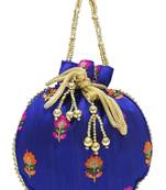 Silk Ethnic Buti Embroidered Navy Blue Party Wear Handbag Potli Bag