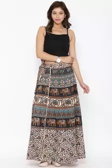 Beige Cotton Printed Wrap Around Skirt