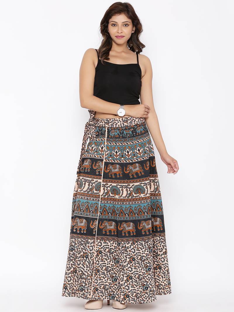 Beige Cotton Printed Wrap Around Skirt