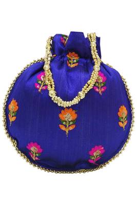 Silk Ethnic Buti Embroidered Navy Blue Party Wear Handbag Potli Bag 4