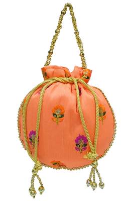 Silk Ethnic buti Embroidered Peach Party Wear Handbag Potli Bag 1