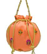 Silk Ethnic buti Embroidered Peach Party Wear Handbag Potli Bag