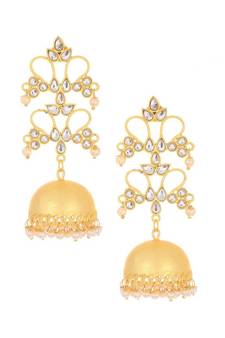 Designer gold plated high gloss golden Kundan Stone Flower jhumka with pearl in bottom