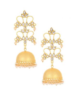Designer gold plated high gloss golden Kundan Stone Flower jhumka with pearl in bottom 1