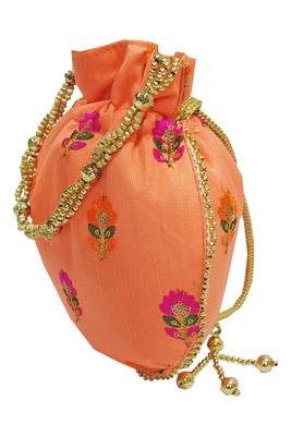 Silk Ethnic buti Embroidered Peach Party Wear Handbag Potli Bag 3