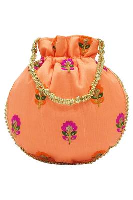 Silk Ethnic buti Embroidered Peach Party Wear Handbag Potli Bag 4
