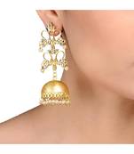 Designer gold plated high gloss golden Kundan Stone Flower jhumka with pearl in bottom