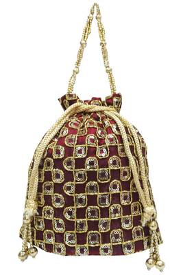 Silk Ethnic Golden Embroidered Brown Handbag Potli Bag 1
