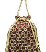 Silk Ethnic Golden Embroidered Brown Handbag Potli Bag