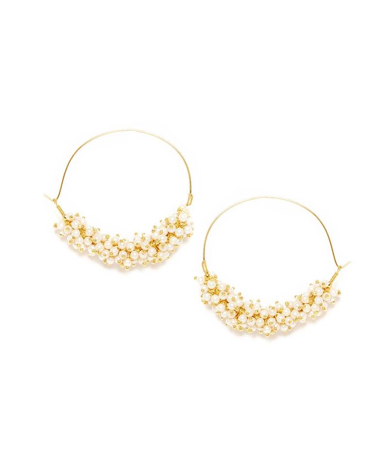 Designer Pearl Stone Gold Plated Bunched Pearl Bali Hoop Earrings