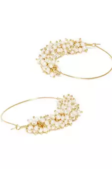 Designer Pearl Stone Gold Plated Bunched Pearl Bali Hoop Earrings
