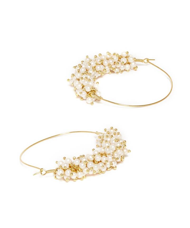 Designer Pearl Stone Gold Plated Bunched Pearl Bali Hoop Earrings