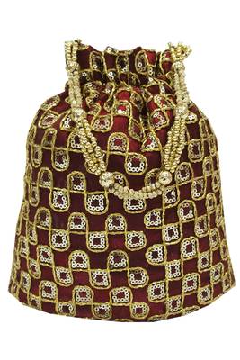 Silk Ethnic Golden Embroidered Brown Handbag Potli Bag 4