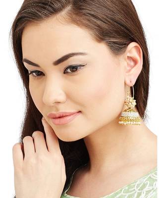 Designer Pearl Stone Gold Plated Bunched Pearl Bali Hoop Gold Plated Jhumka Earrings 1