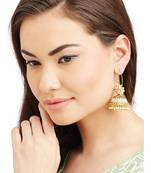 Designer Pearl Stone Gold Plated Bunched Pearl Bali Hoop Gold Plated Jhumka Earrings