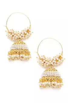 Designer Pearl Stone Gold Plated Bunched Pearl Bali Hoop Gold Plated Jhumka Earrings