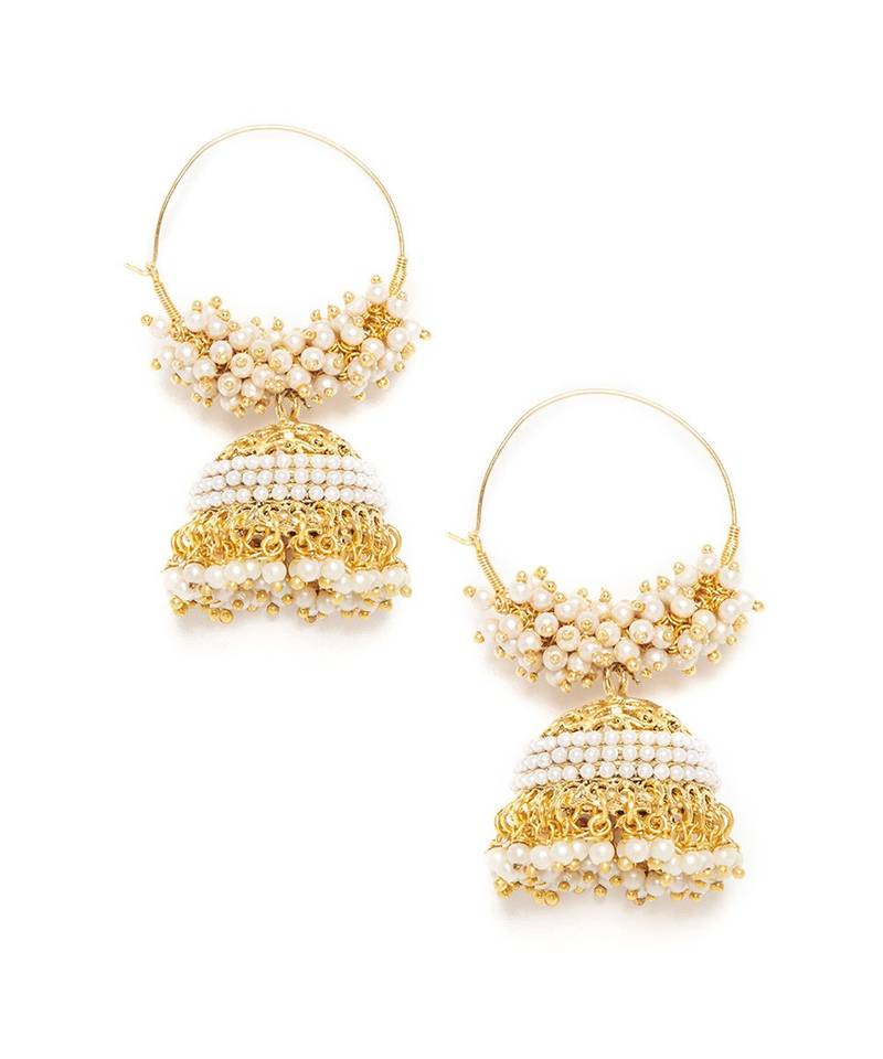 Designer Pearl Stone Gold Plated Bunched Pearl Bali Hoop Gold Plated Jhumka Earrings