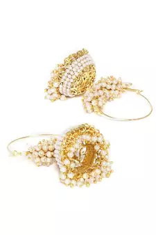 Designer Pearl Stone Gold Plated Bunched Pearl Bali Hoop Gold Plated Jhumka Earrings