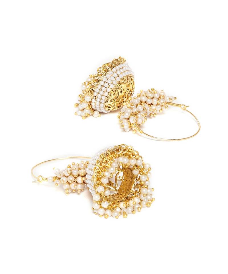 Designer Pearl Stone Gold Plated Bunched Pearl Bali Hoop Gold Plated Jhumka Earrings