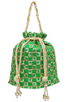 Silk Ethnic Golden Embroidered Green Handbag Potli Bag 1