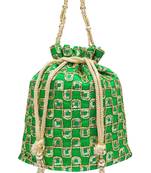 Silk Ethnic Golden Embroidered Green Handbag Potli Bag