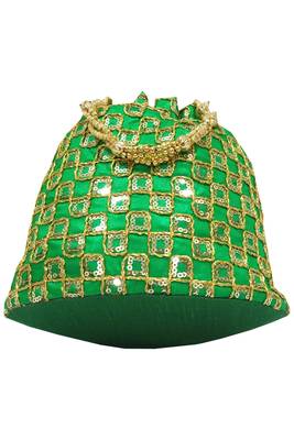 Silk Ethnic Golden Embroidered Green Handbag Potli Bag 3
