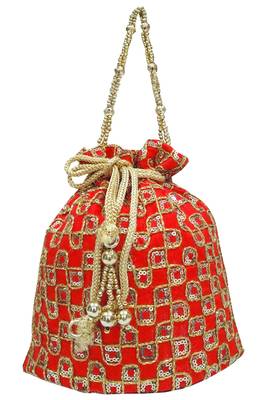 Silk Ethnic Golden Embroidered Red Handbag Potli Bag 1
