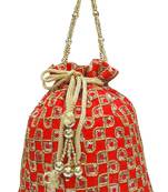 Silk Ethnic Golden Embroidered Red Handbag Potli Bag