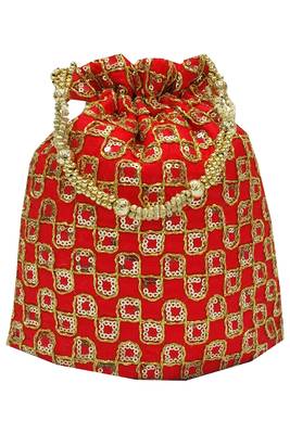 Silk Ethnic Golden Embroidered Red Handbag Potli Bag 4
