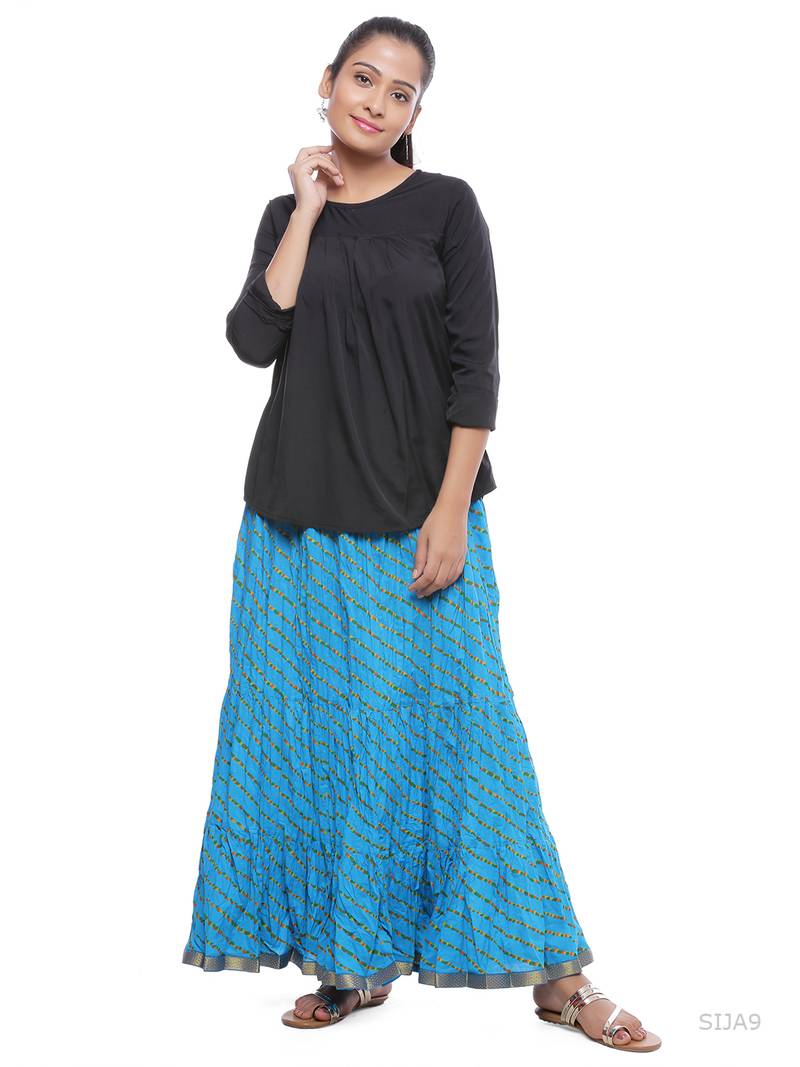 Blue Cotton Lehariya Printed Skirt