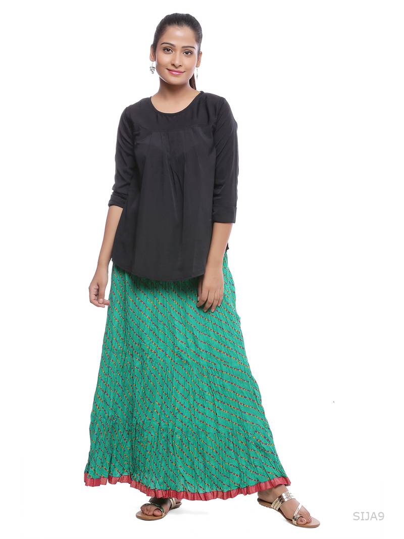 Green Cotton Lehariya Printed Skirt