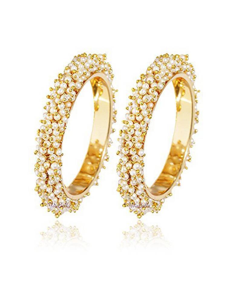Designer Pearl Stone Wedding Bridal Bunched Pearl Bangles Set