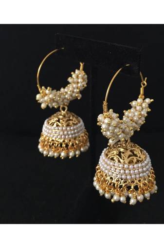 Designer Pearl Stone Gold Plated Bunched Pearl Bali Hoop Gold Plated Jhumka Earrings