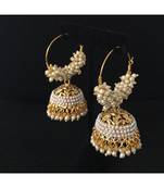 Designer Pearl Stone Gold Plated Bunched Pearl Bali Hoop Gold Plated Jhumka Earrings