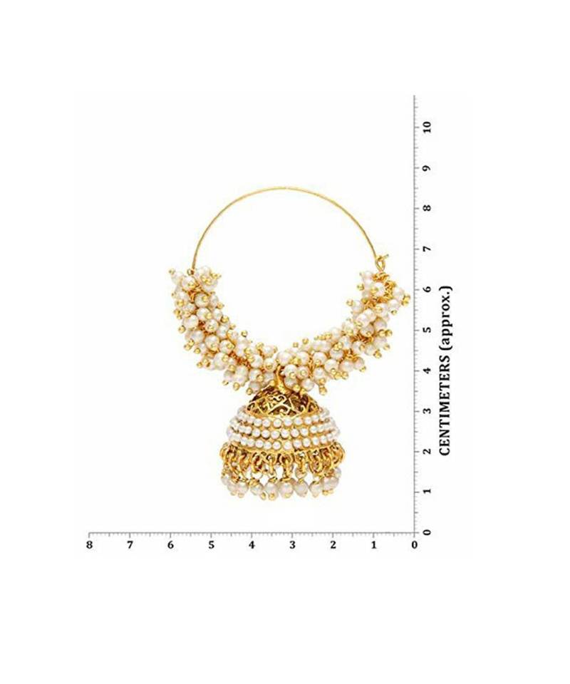 Designer Pearl Stone Gold Plated Bunched Pearl Bali Hoop Gold Plated Jhumka Earrings