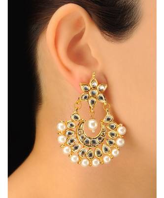 Designer Kudan Stone Floral Pearl Stone Meenakari Chandbali Chandelier Dangler Earrings 1