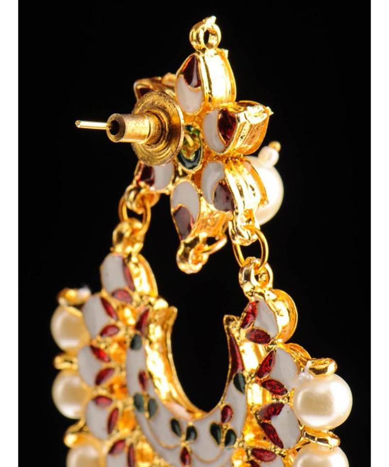 Designer Kudan Stone Floral Pearl Stone Meenakari Chandbali Chandelier Dangler Earrings