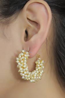 Designer Pearl Stone Gold Plated Bunched Pearl Bali Hoop Earrings