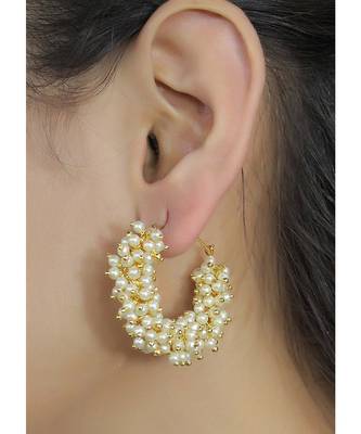 Designer Pearl Stone Gold Plated Bunched Pearl Bali Hoop Earrings 1