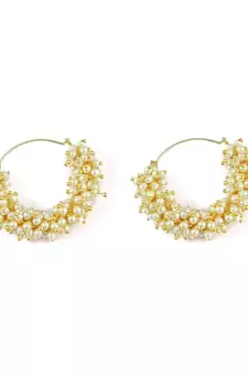 Designer Pearl Stone Gold Plated Bunched Pearl Bali Hoop Earrings