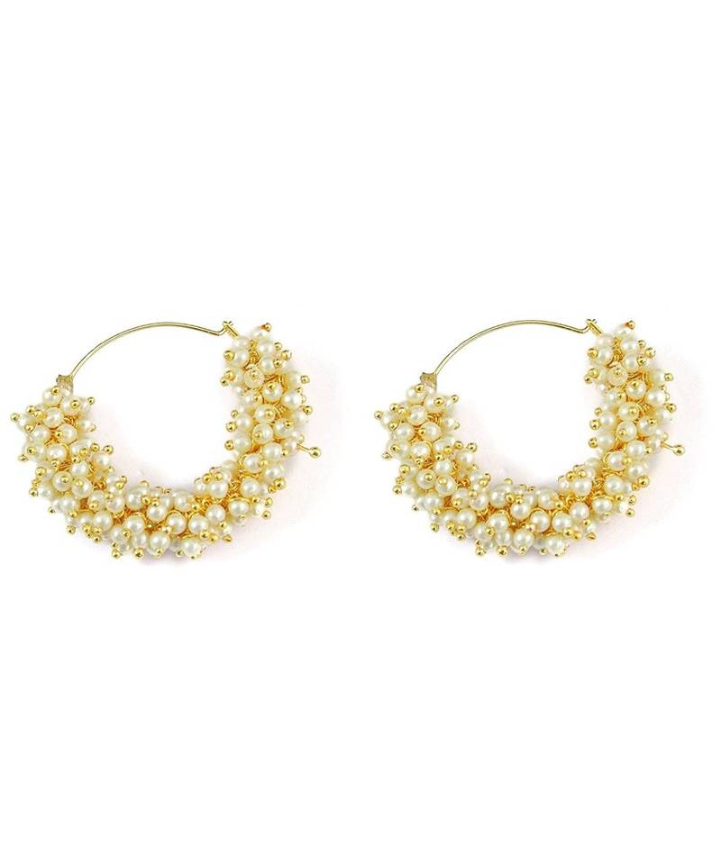 Designer Pearl Stone Gold Plated Bunched Pearl Bali Hoop Earrings