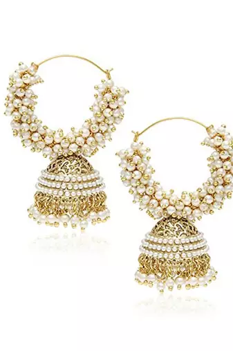 Designer Pearl Stone Gold Plated Bunched Pearl Bali Hoop Gold Plated Jhumka Earrings