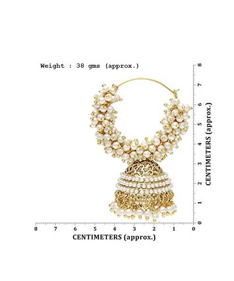 Designer Pearl Stone Gold Plated Bunched Pearl Bali Hoop Gold Plated Jhumka Earrings