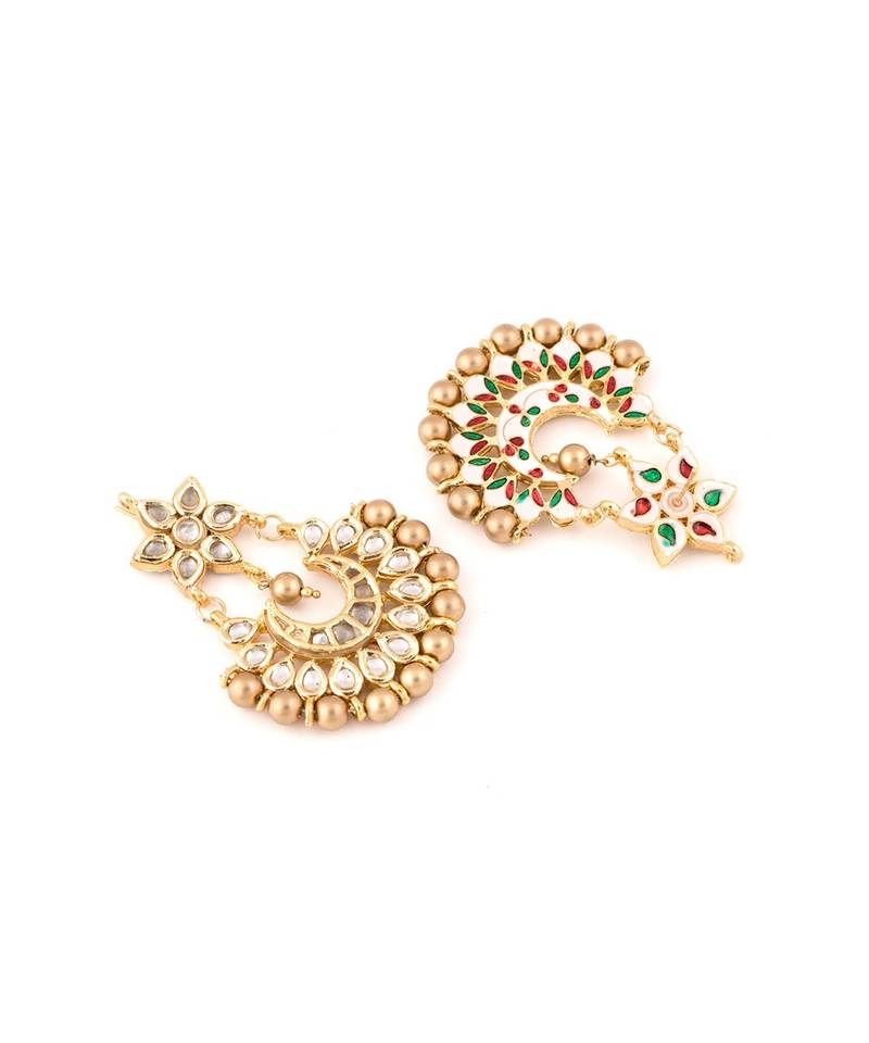 Designer Kudan Stone Floral Pearl Stone Meenakari Chandbali Chandelier Dangler Earrings