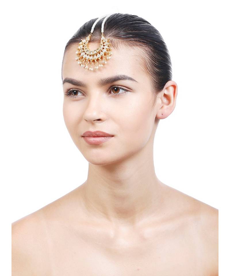 Designer Kudan Stone Maangtikka Floral Pearl Stone Meenakari Chandbali Chandelier Maang Tikka