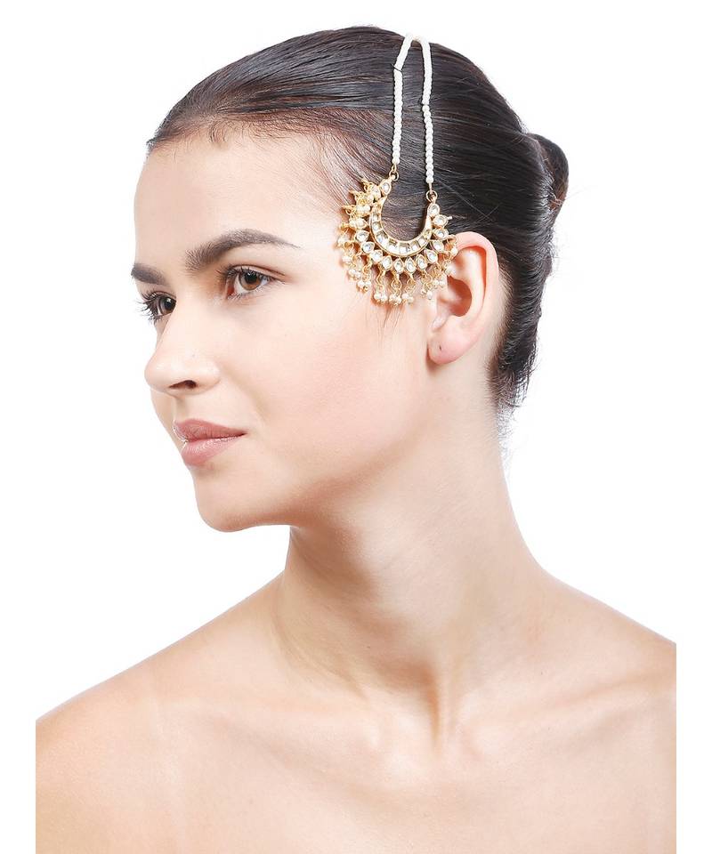 Designer Kudan Stone Maangtikka Floral Pearl Stone Meenakari Chandbali Chandelier Maang Tikka