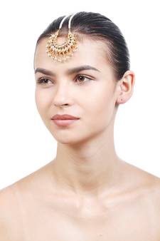 Designer Kudan Stone Maangtikka Floral Pearl Stone Meenakari Chandbali Chandelier Maang Tikka