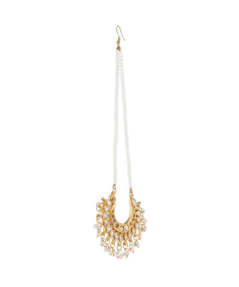 Designer Kudan Stone Maangtikka Floral Pearl Stone Meenakari Chandbali Chandelier Maang Tikka