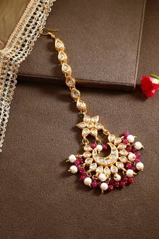 Designer Kudan Stone Maangtikka Floral Pearl Stone Meenakari Chandbali Chandelier Maang Tikka