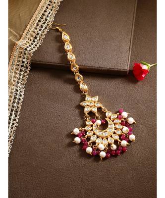 Designer Kudan Stone Maangtikka Floral Pearl Stone Meenakari Chandbali Chandelier Maang Tikka 1